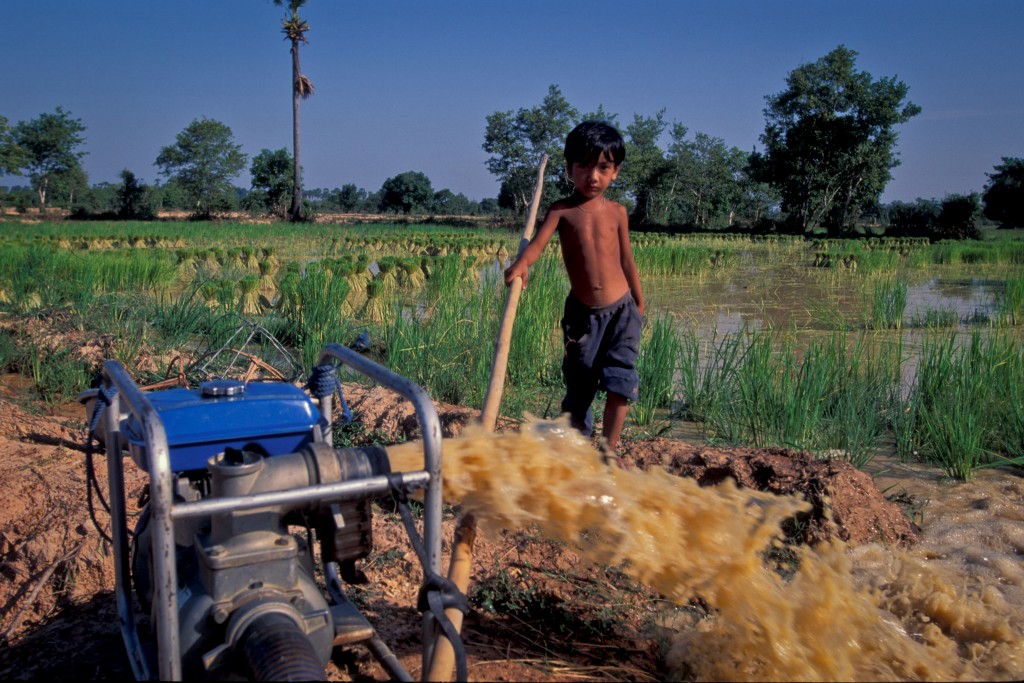 A child looks over a pump irrigating a rice field in Cambodia. Photo by Asian Development Bank, Flickr, taken 15 February 2011. Licensed under CC BY-NC-ND 2.0.